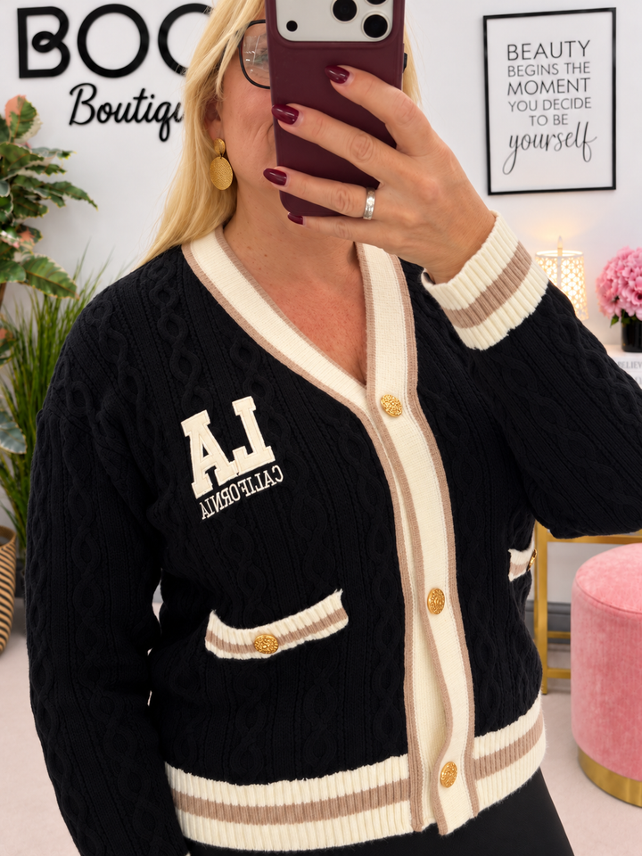 Womens Cable Knit Cricket Cardigan - Cream, Brown, Plum & Black