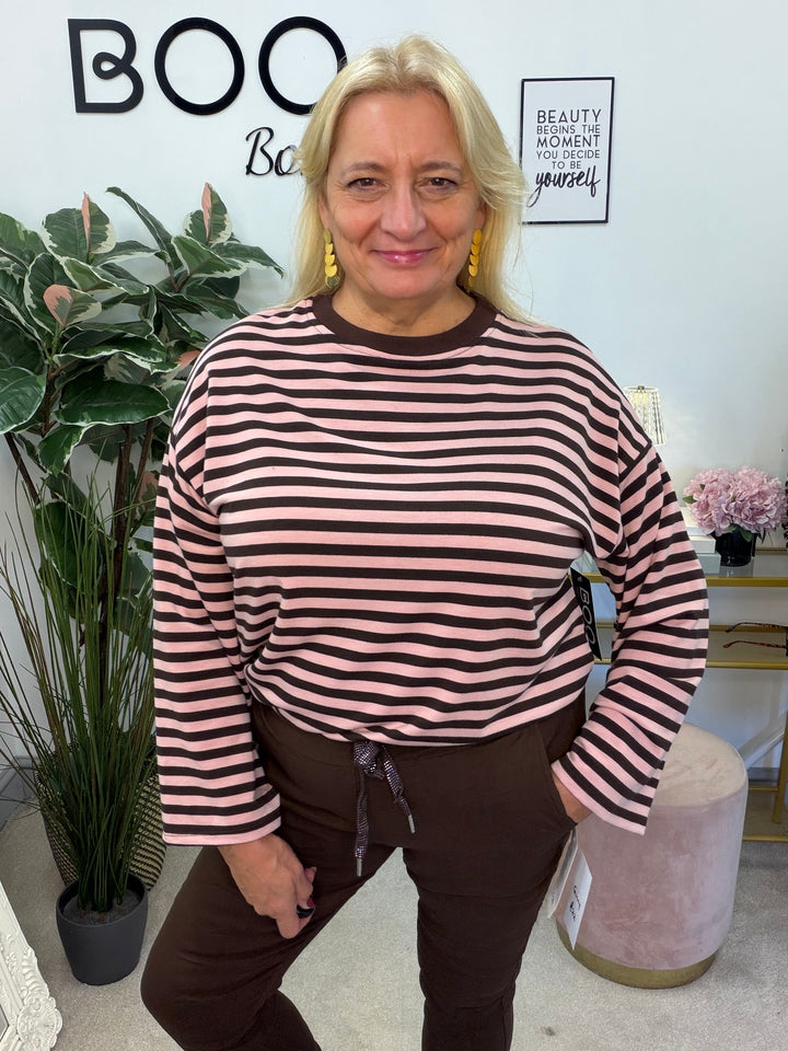 Women’s Stripe Long Sleeve Slouch Top - Wine, Navy, Pink, Brown