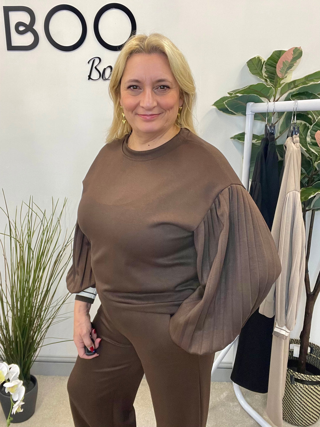 LADIES SCUBA STRAIGHT LEG TROUSER CO ORD SET - BLACK, MOCHA, BROWN