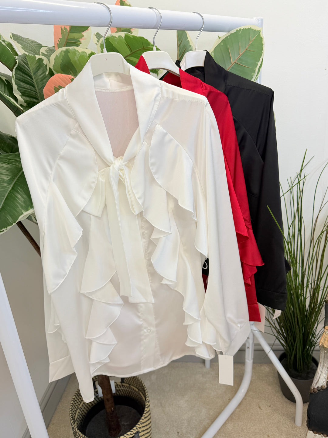 LADIES SATIN FLAMENCO FRILL BLOUSE SHIRT - RED, BLACK, WHITE