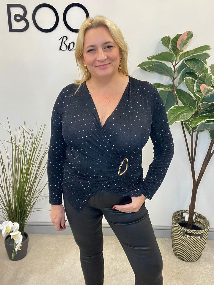 LADIES LUREX WRAP STYLE TOP - BLACK, SILVER, RED