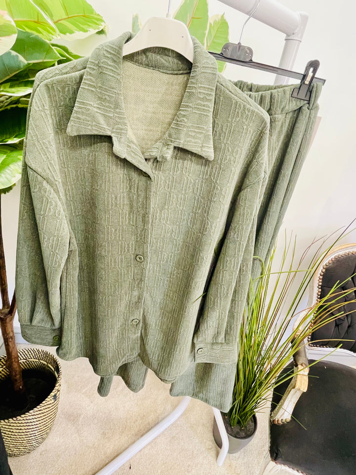 LADIES STRAIGHT LEG TROUSER & JACKET CO ORD SET KHAKI SAGE