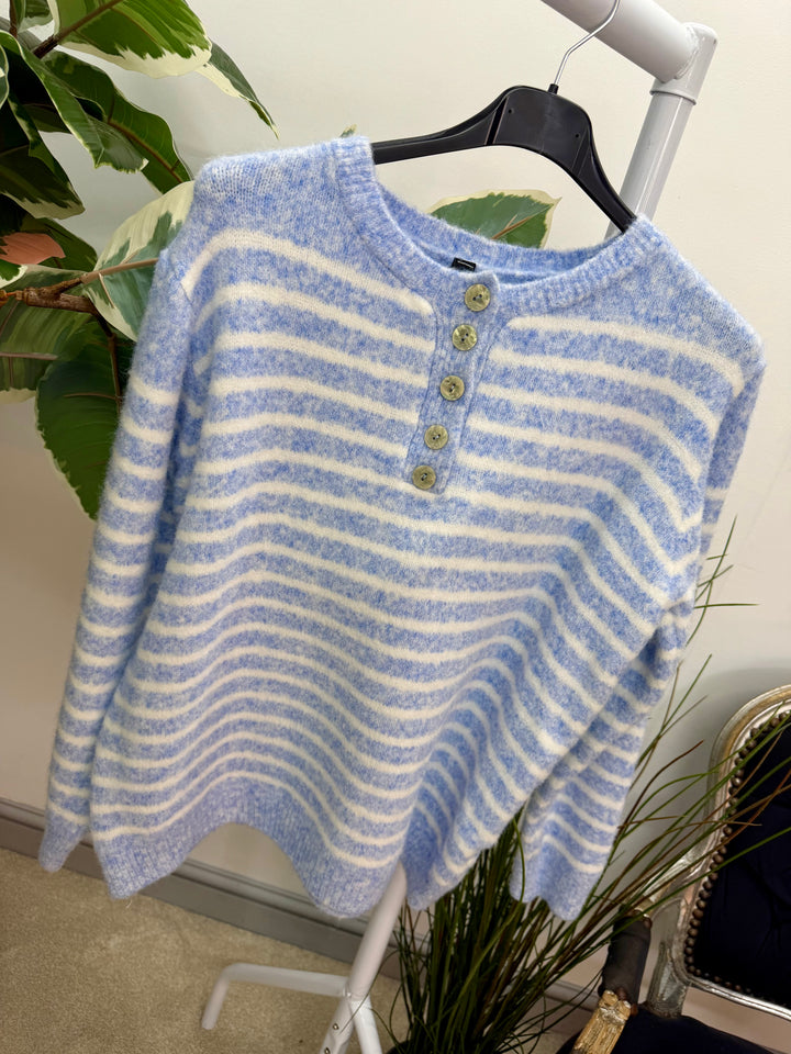 LADIES SOFT KNIT STRIPE GRANDAD JUMPER - LEMON, PINK, BLUE & BEIGE