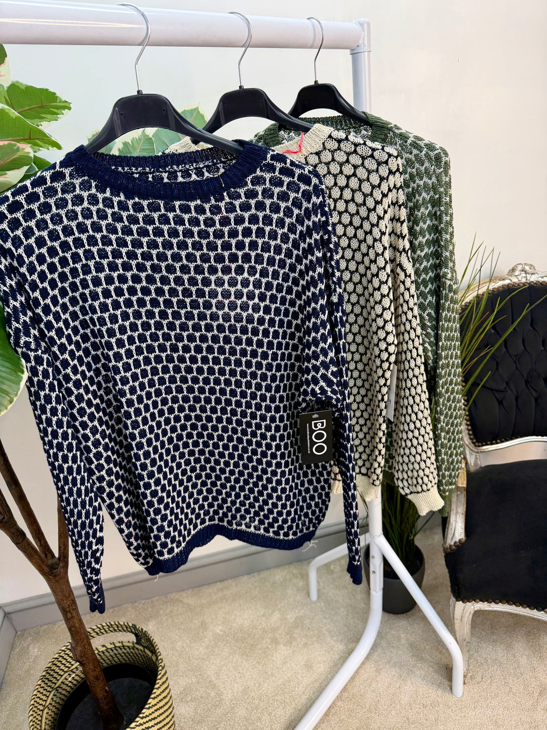 Ladies Fashion Jumper - navy, beige & khaki