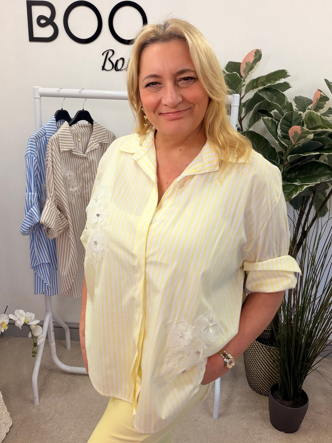 LADIES FASHION STRIPE COTTON SHIRT - YELLOW, BEIGE & BLUE