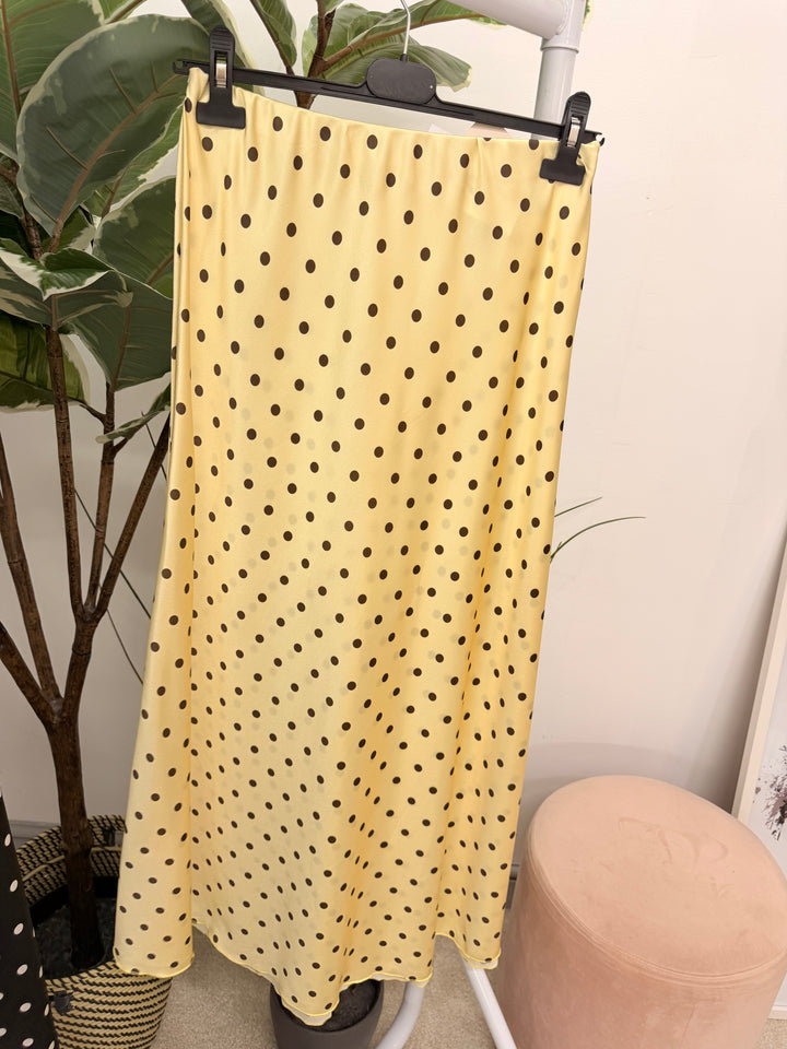 Ladies Satin Polka Dot Maxi Skirt - Black, White, Lemon, Blue & Pink