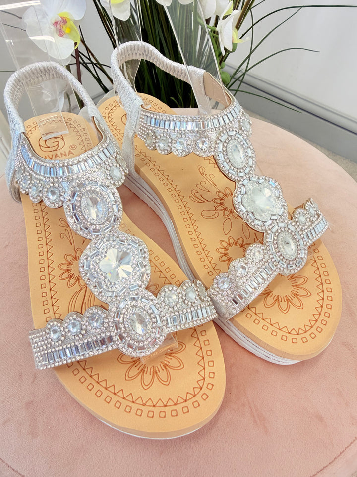 Ladies Fashion Silver Jewelled Small Wedge Sandals Shoes