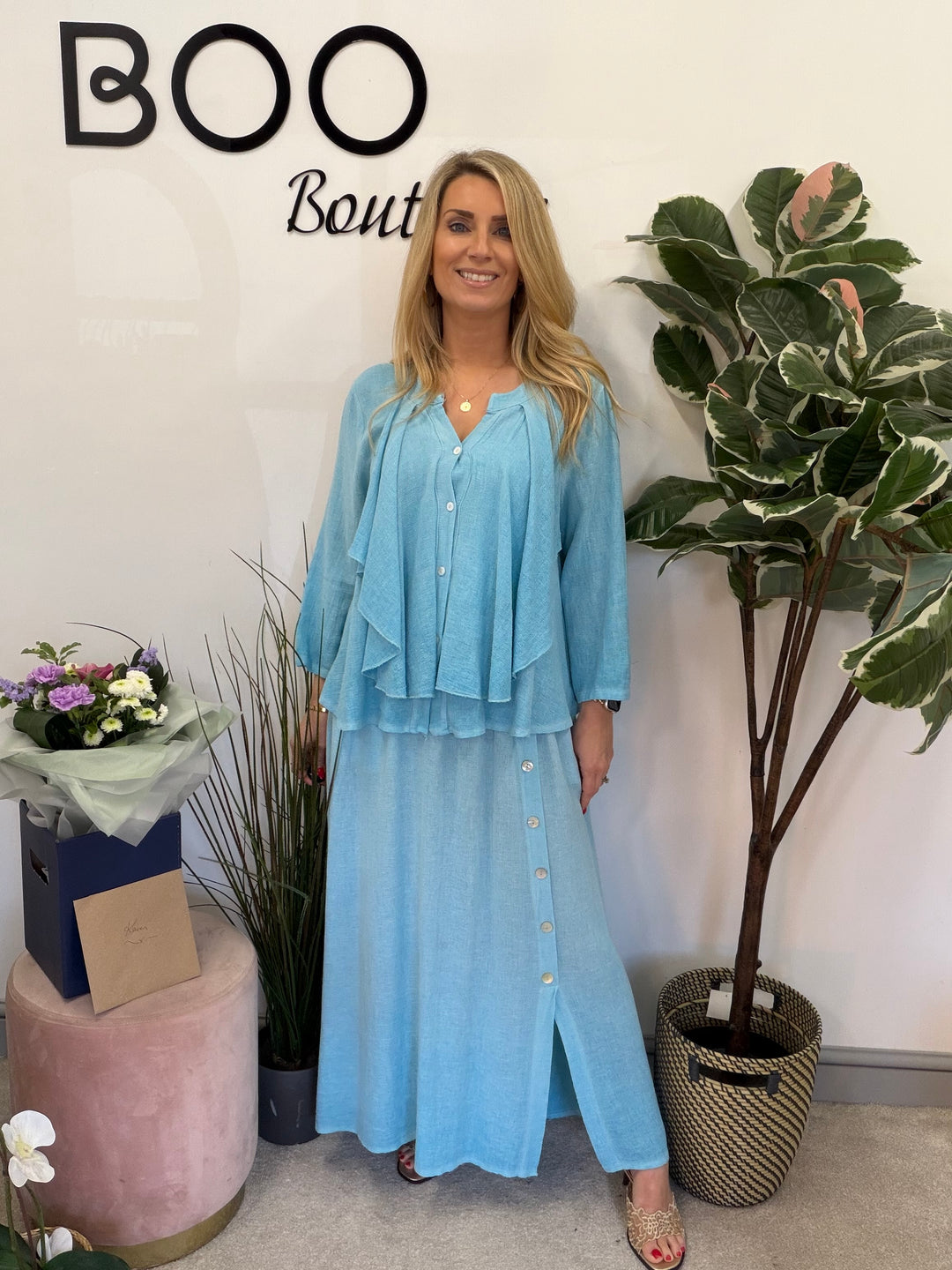 Ladies Fashion Teabag Linen Maxi Skirt - pink, blue, turquoise, beige, white, lime