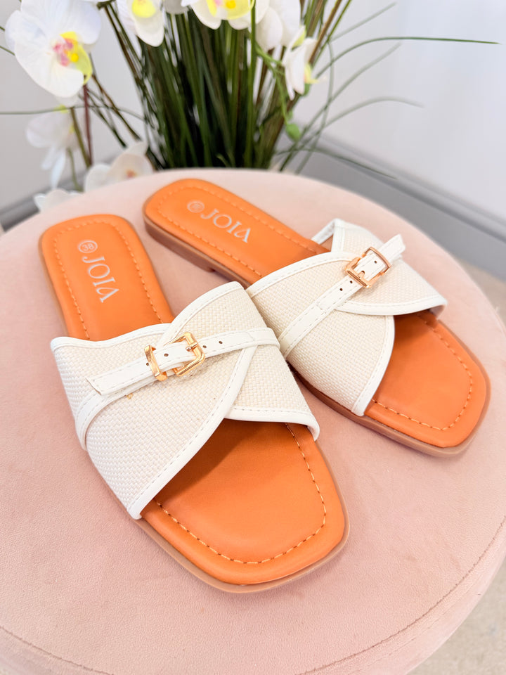 Ladies Fashion White Hessian Buckle Slider Sandals
