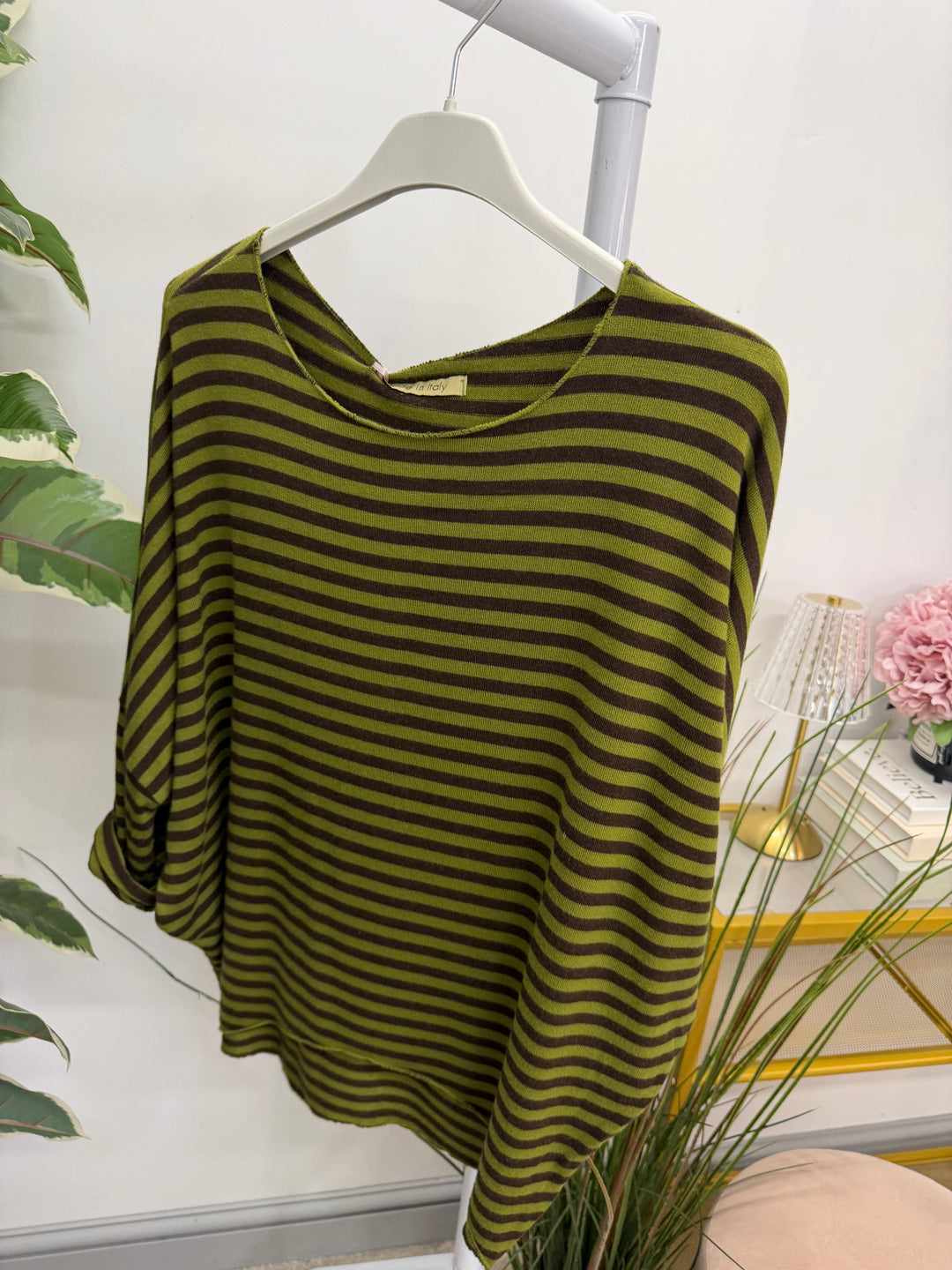 Ladies Fashion Soft Knit Stripe Top - Chocolate, Lime, Blue & Burgundy
