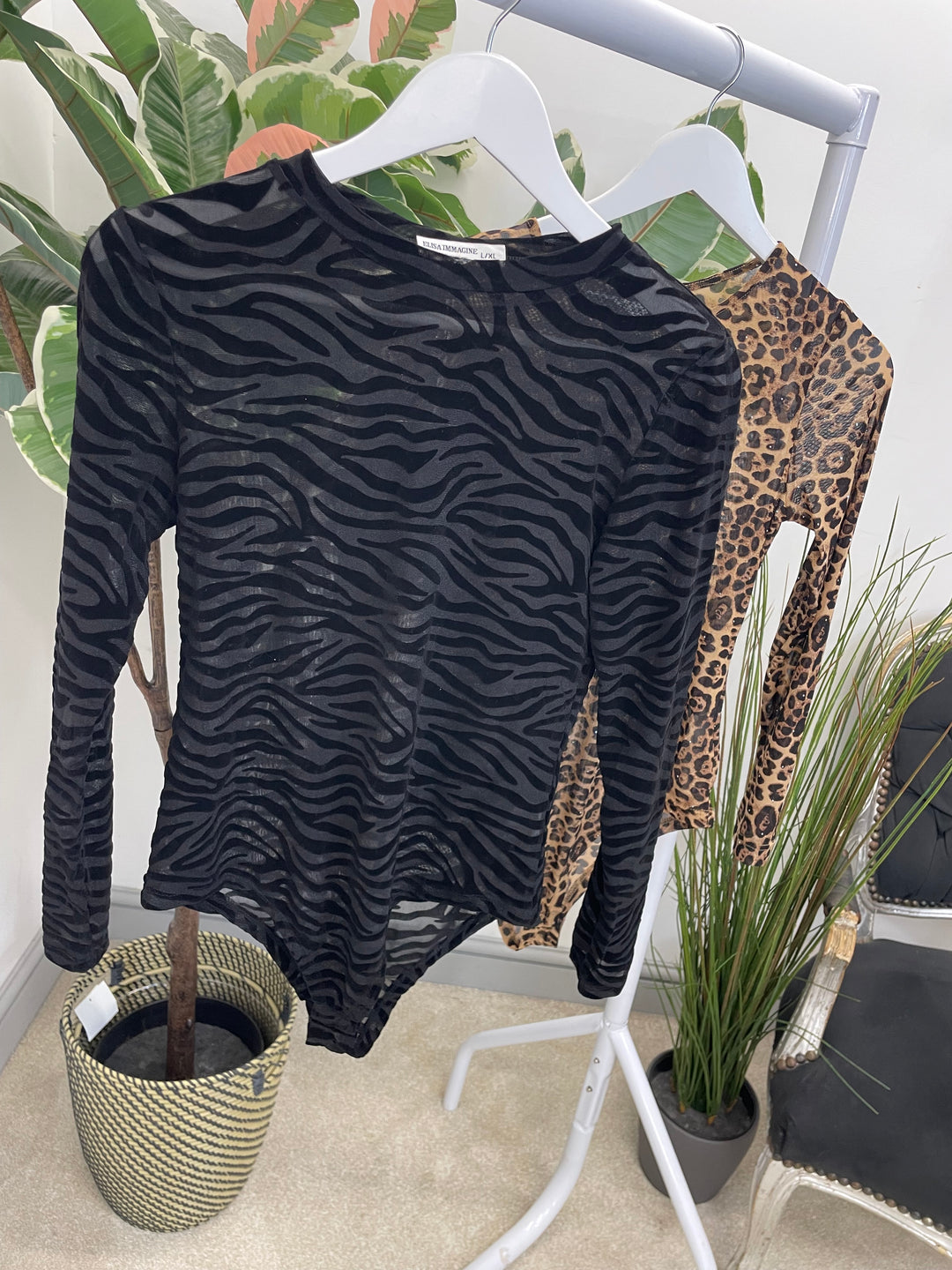 LADIES SHEER STRETCH BODYSUIT - BLACK & LEOPARD PRINT