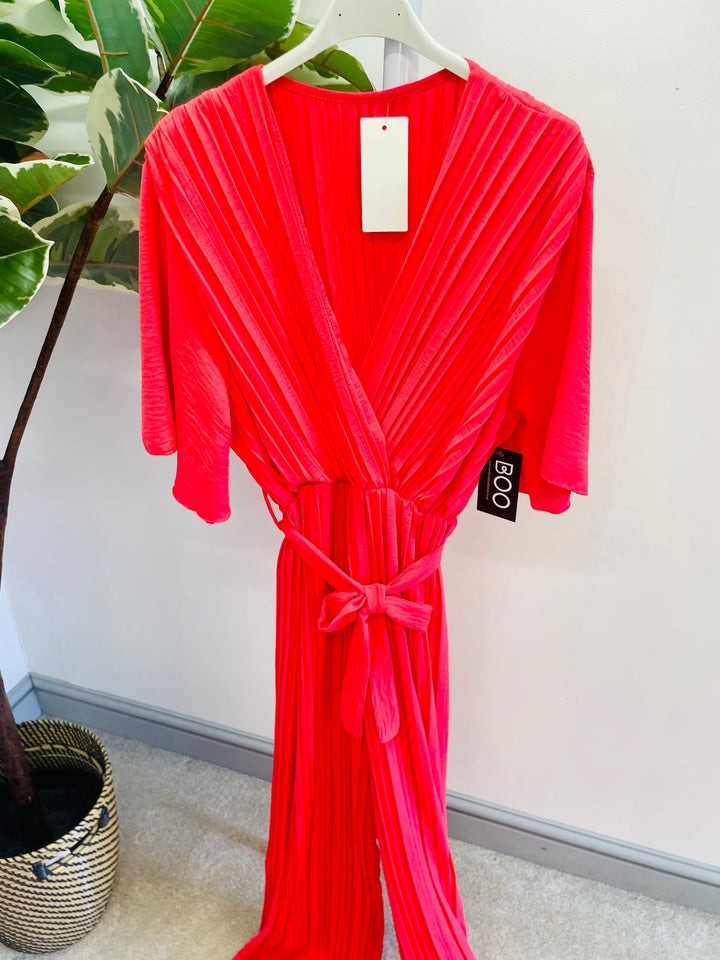 LADIES WOMENS RASPBERRY CORAL WIDE LEG FLATTERING PLEATED JUMPSUIT