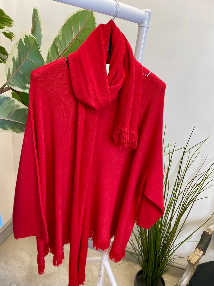 LADIES OVERSIZE JUMPER & SCARF SET RED