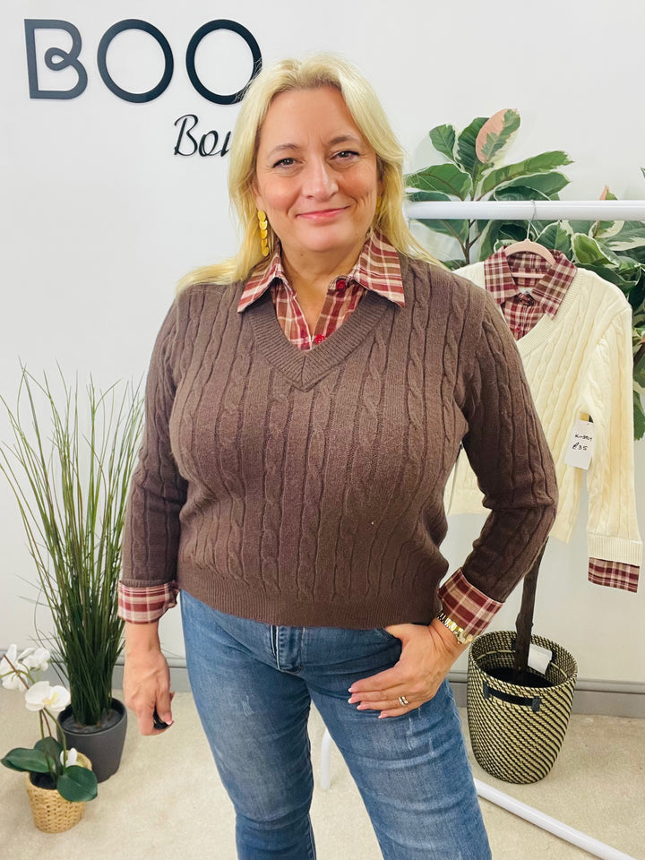 LADIES CABLE KNIT SHIRT JUMPER - CREAM & BROWN