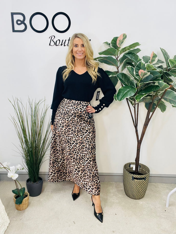 LADIES LEOPARD PRINT SATIN MAXI SKIRT