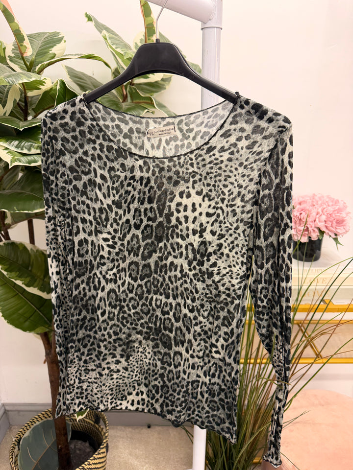 Womens sheer animal print sheer long sleeve top - brown, navy, khaki, plum, grey