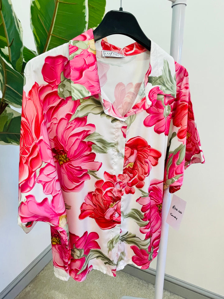 LADIES SATIN FLORAL PRINT BLOUSE TOP - YELLOW, NAVY, BLACK, PINK, GREEN