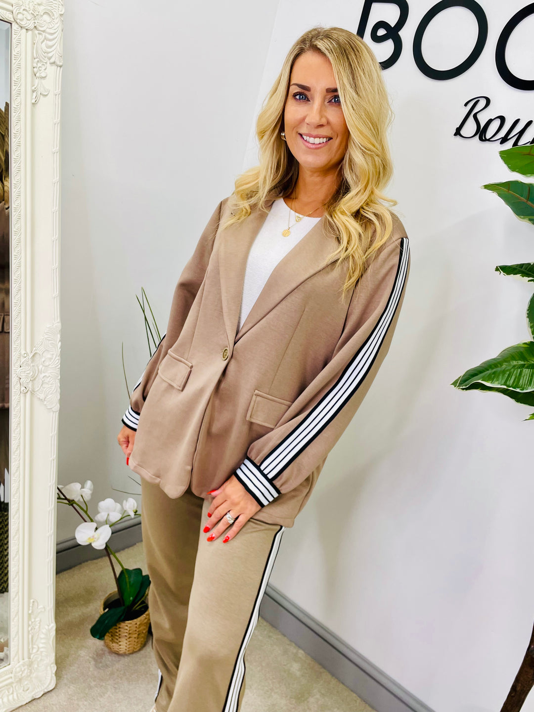 LADIES SPORTS LUXE STRAIGHT LEG TROUSER CO ORD SET - BLACK, BEIGE & BROWN