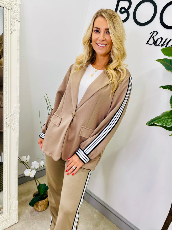 LADIES SPORTS LUXE STRAIGHT LEG TROUSER CO ORD SET - BLACK, BEIGE & BROWN