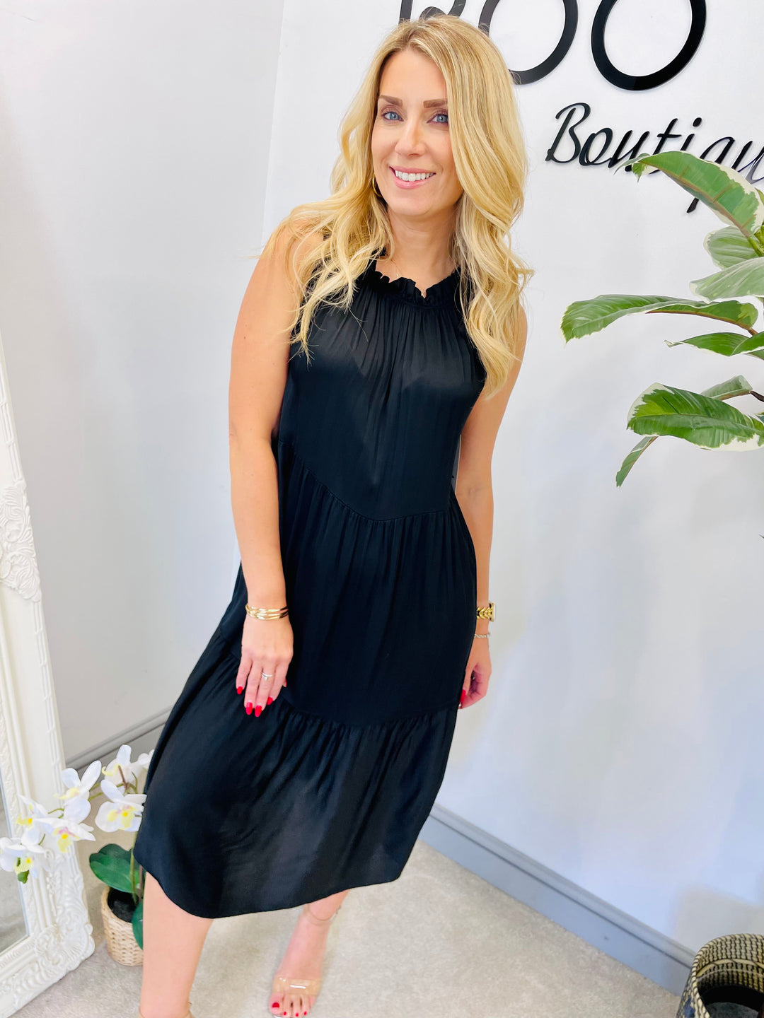 LADIES SATIN TIERED SUMMER MIDI DRESS = BURGUNDY, BLACK,, LEMON, PINK, KHAKI, CORAL