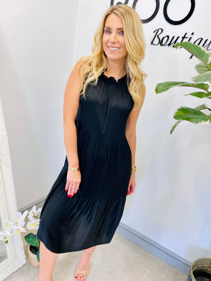 LADIES SATIN TIERED SUMMER MIDI DRESS = BURGUNDY, BLACK,, LEMON, PINK, KHAKI, CORAL