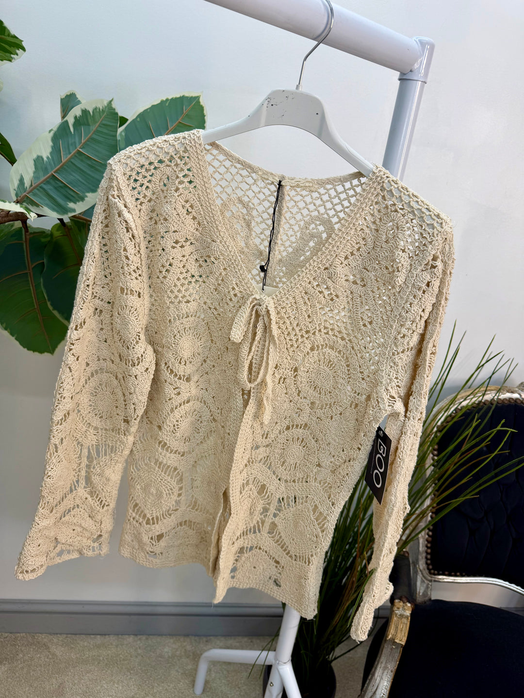 Ladies Fashion Boho Crochet Shrug Cardigan - beige and white