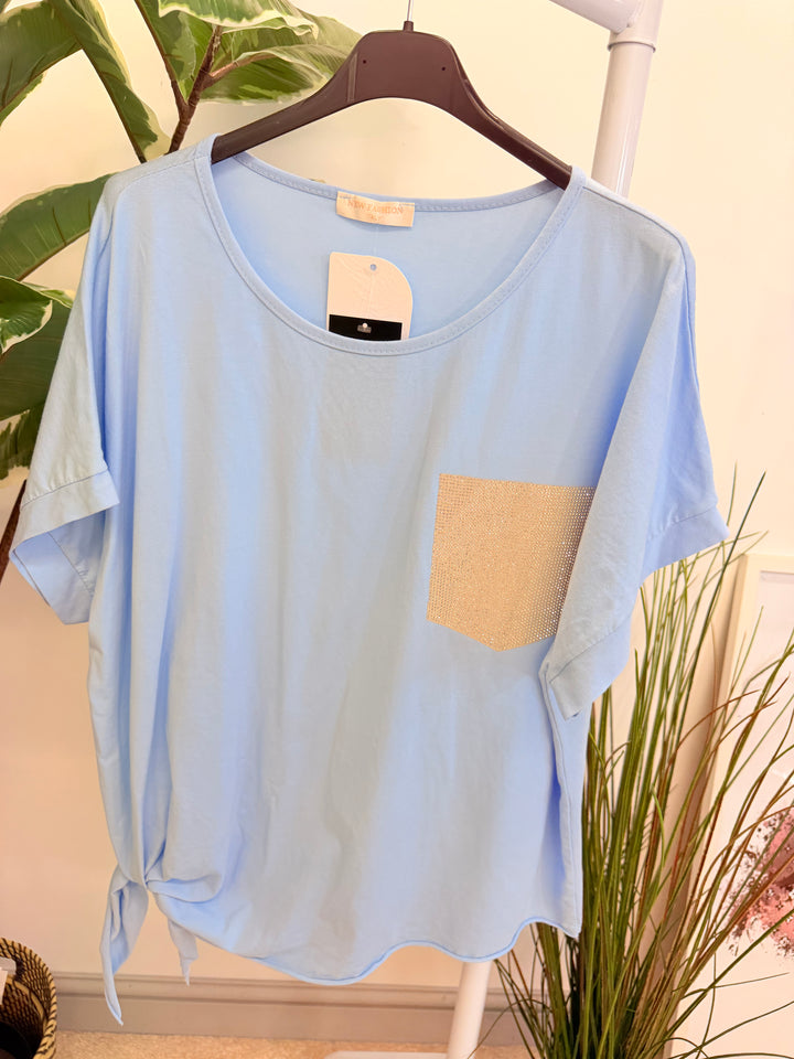 Ladies Fashion Diamante Pocket Loose Fit T Shirt - Lemon, White, Blue & Pink