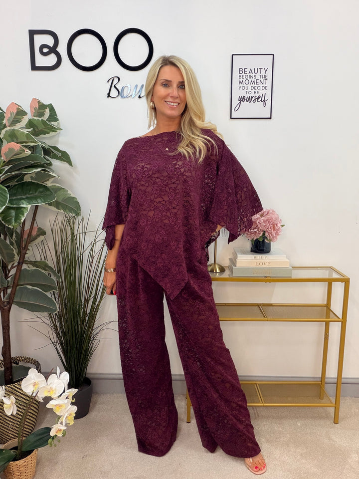 Ladies Fashion Lacy Wide Leg Trouser Co Ord Set - Black, Plum & Brown
