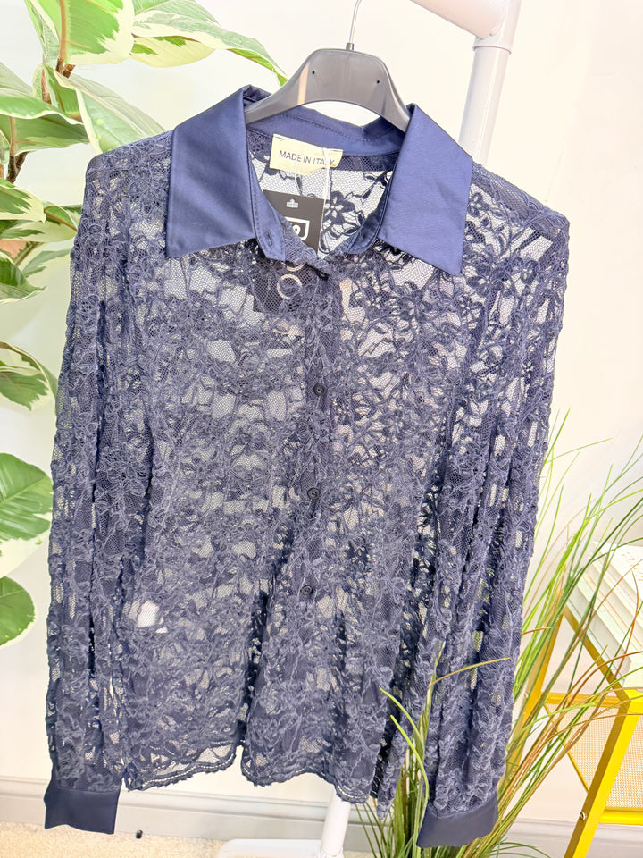 Womens Sheer Lace Satin Collar Blouse - Black, Navy, Beige, Brown