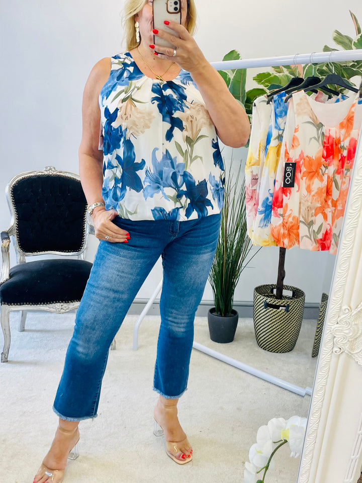 LADIES CHIFFON FLORAL PRINT TOP - PINK, ORANGE, NAVY, BLUE