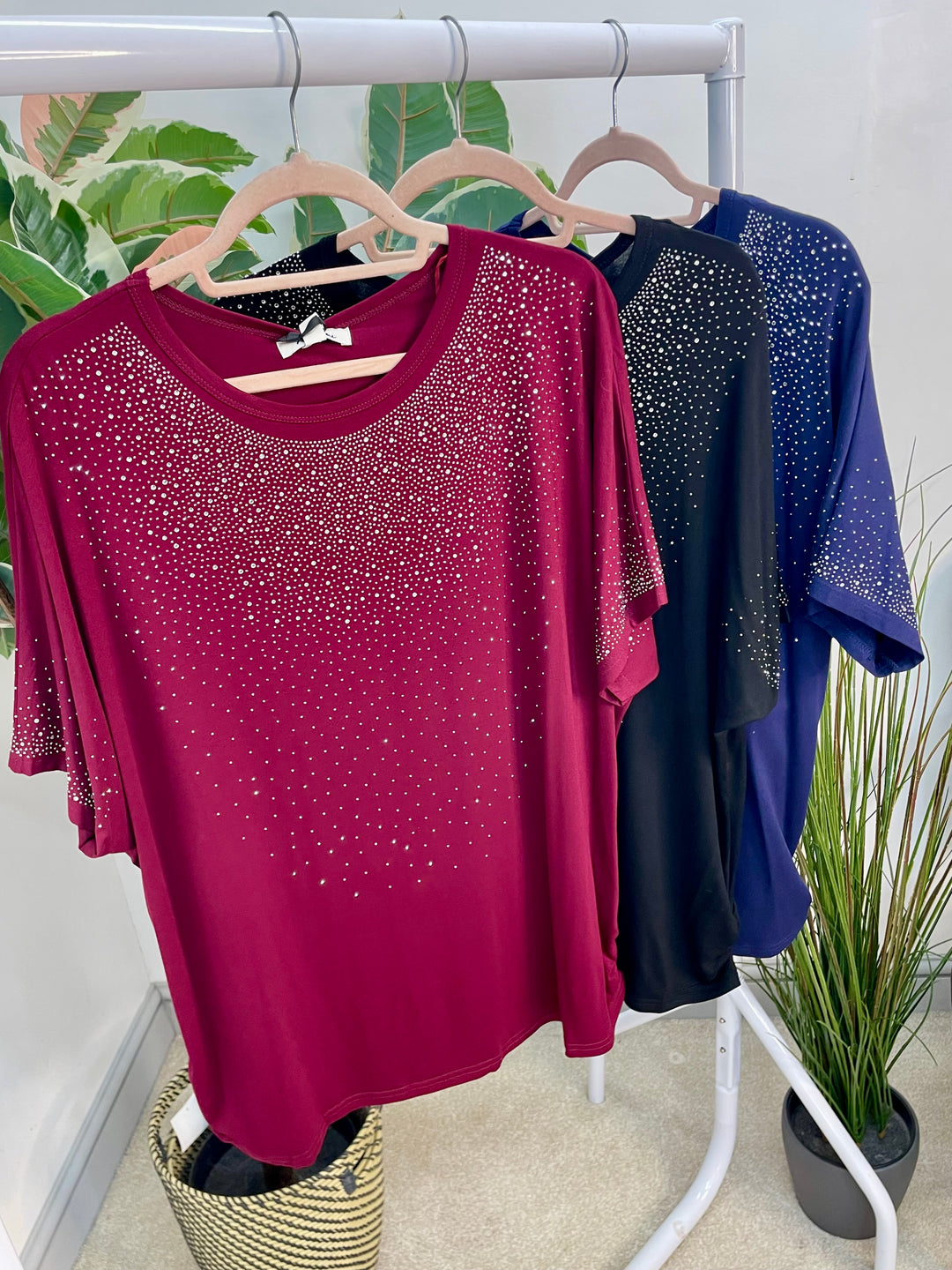 LADIES LOOSE FIT SPARKLY TEE T SHIRT - NAVY, BLACK, BERRY