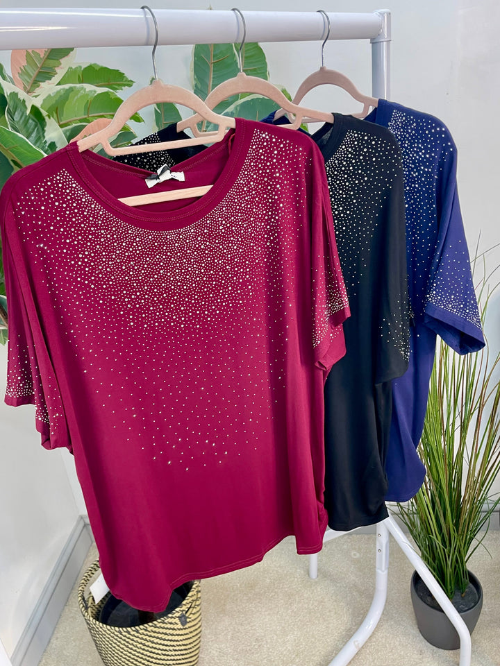 LADIES LOOSE FIT SPARKLY TEE T SHIRT - NAVY, BLACK, BERRY