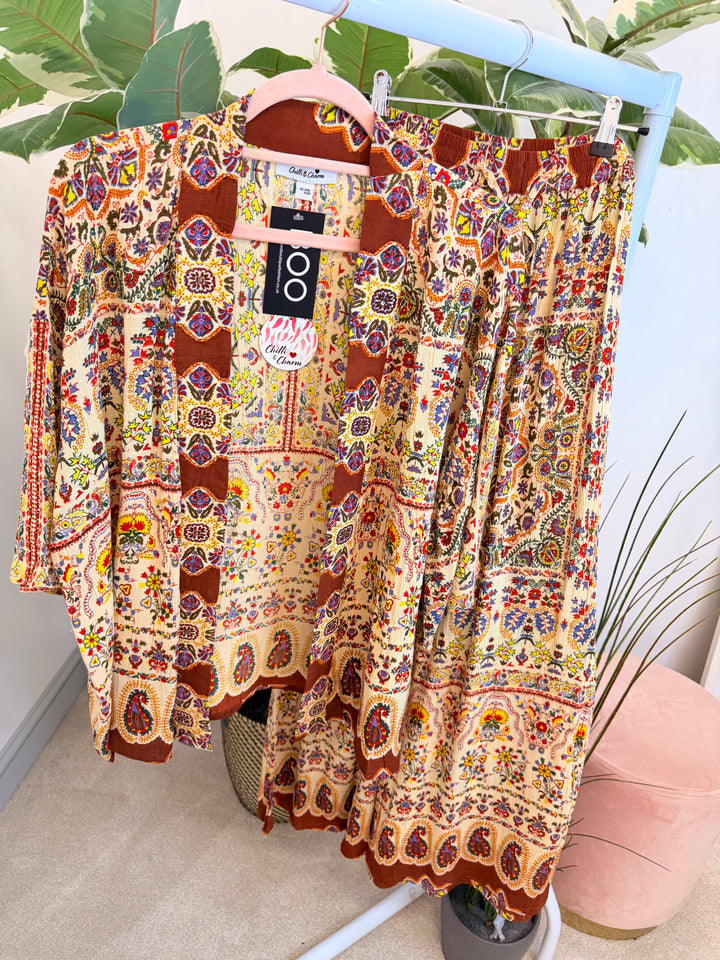 Ladies Moroccan Print Wide Leg Trouser Kimono Jacket Co Ord Set