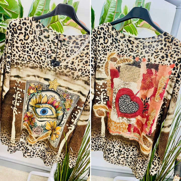 LADIES ALL SEEING EYE PRINT GOLD LUREX LONG SLEEVE TOP