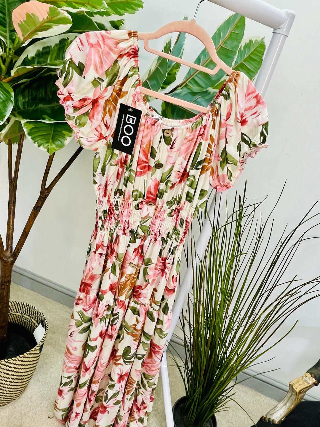 LADIES FLATTERING FLORAL PRINT SUMMER MAXI DRESS - PINK, CREAM & BLUE