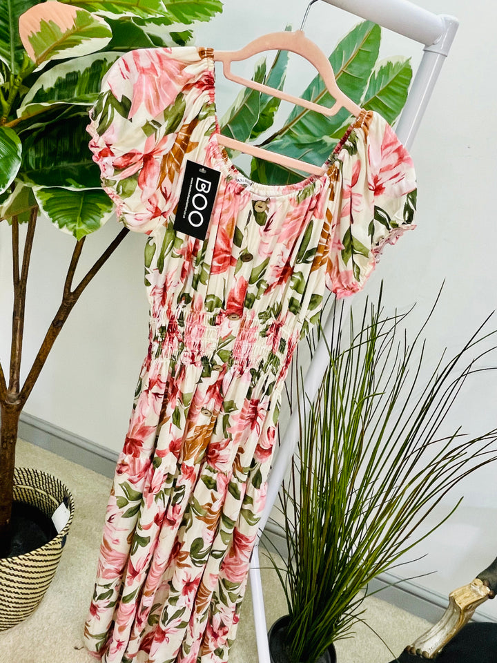 LADIES FLATTERING FLORAL PRINT SUMMER MAXI DRESS - PINK, CREAM & BLUE
