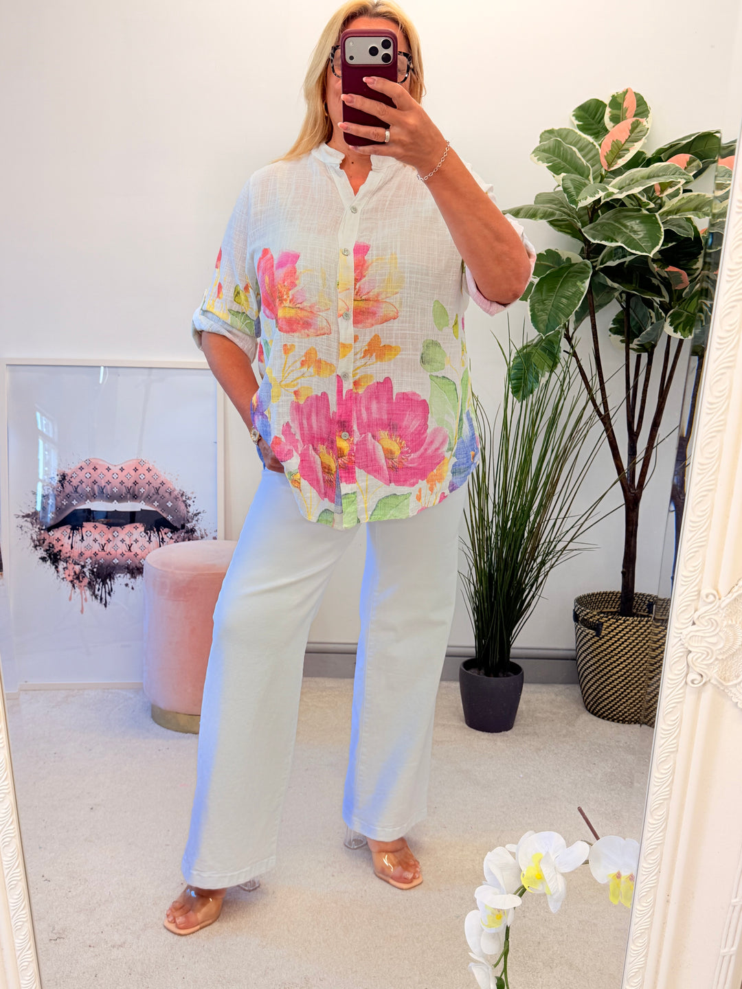 Ladies Fashion White Flower Print Light Linen Shirt Top