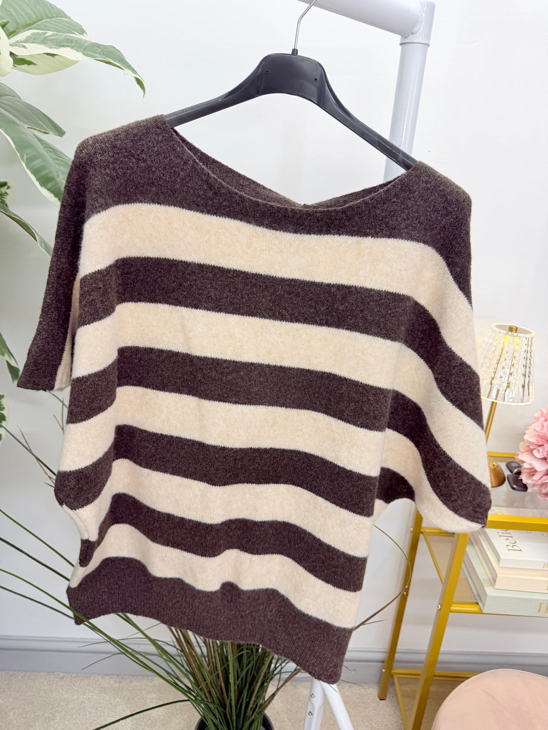 Ladies Fashion Wide Stripe Short Sleeve Jumper - Khaki, Blue & Brown