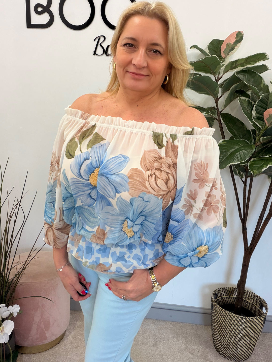 Ladies Fashion Flower Print Bardot Top Blouse - Pink, Lemon, Green & Blue