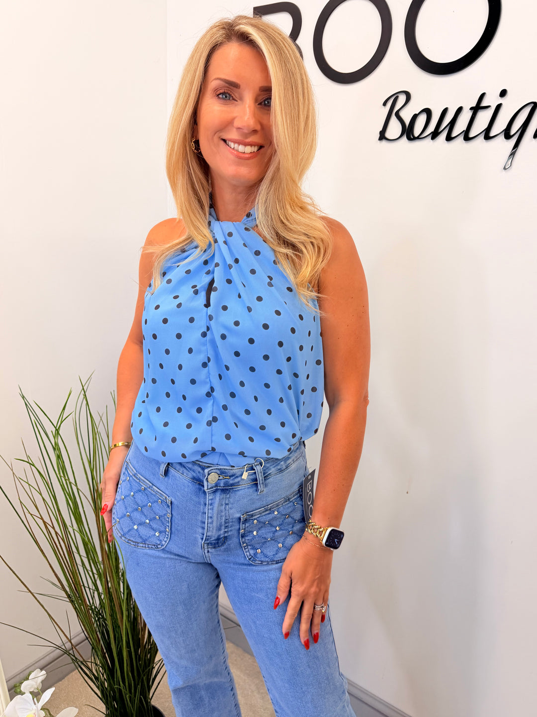 Ladies Fashion Polka Dot High Neck Top  blue
