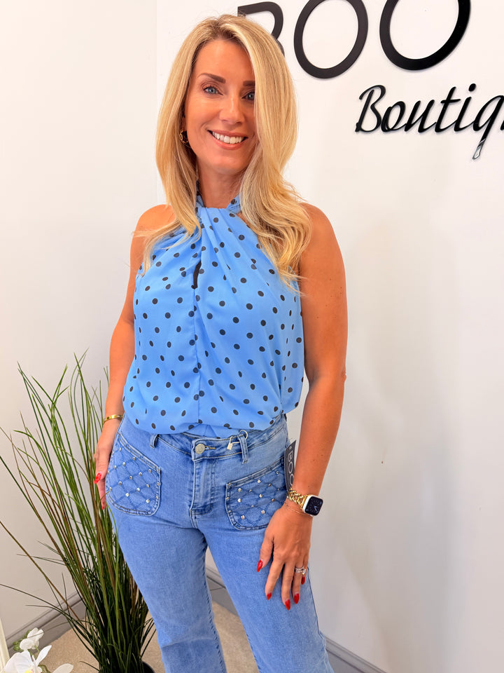 Ladies Fashion Polka Dot High Neck Top  blue