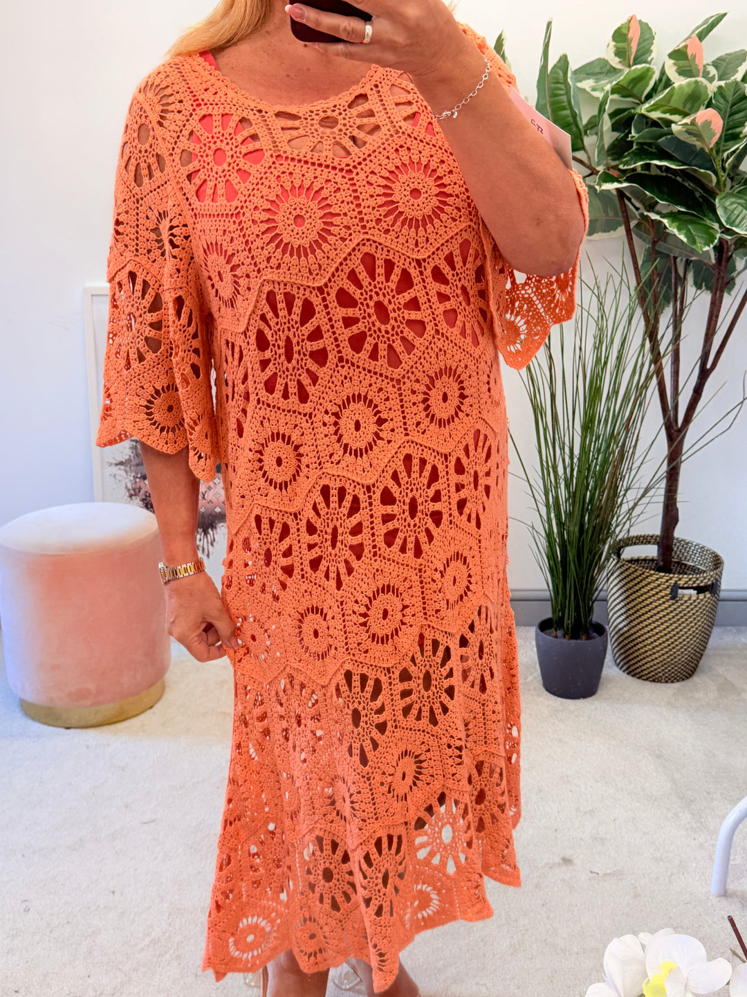 Ladies Fashion Crochet Beach Summer Maxi Dress - Blue, Pink, Fuschia, Orange, White