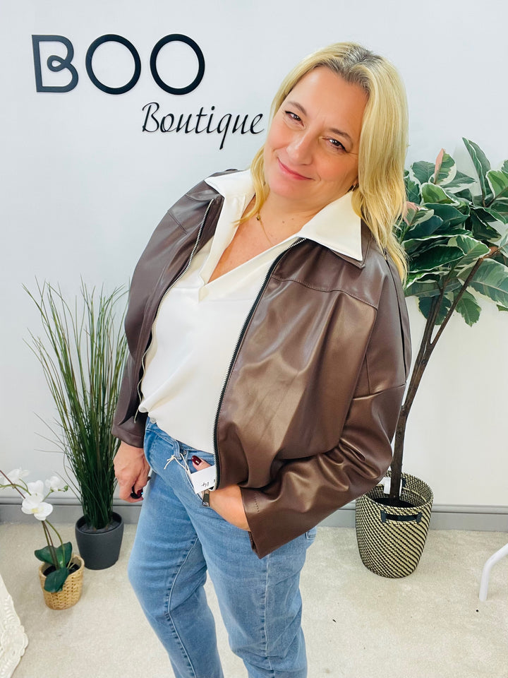 LADIES FASHION FAUX LEATHER BOMBER JACKET - BLACK, BROWN & BEIGE