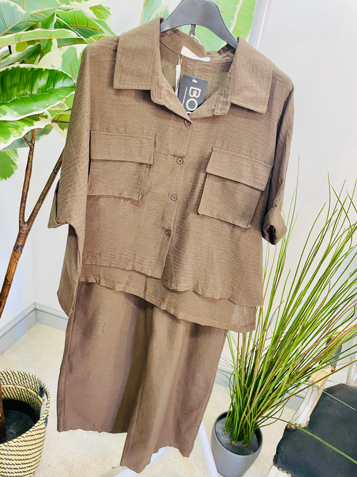 LADIES WIDE LEG TROUSER, CARGO TOP CO ORD SET - KHAKI, BLACK, BROWN, NAVY, CREAM, BEIGE
