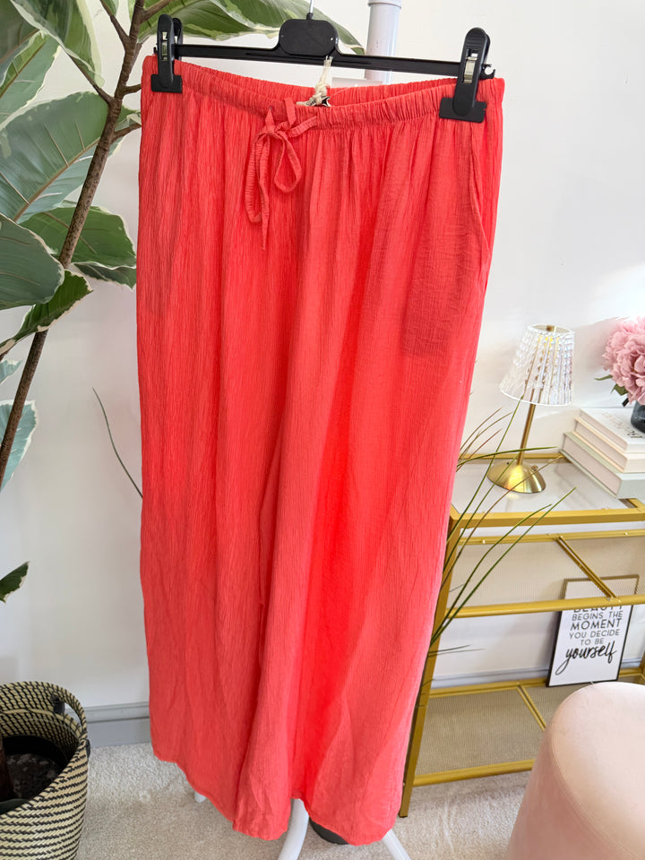 Ladies Non Crease Wide Leg Trousers - Rust, Coral, Black, White, Khaki, Lime, 