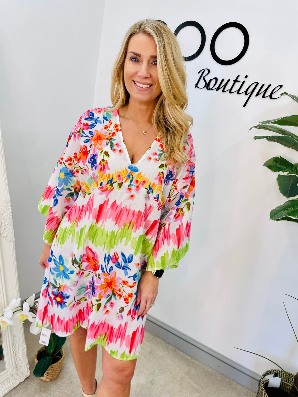 LADIES WOMENS BEACH DAY SUMMER DRESS - RETRO GREEN & FLORAL PRINT