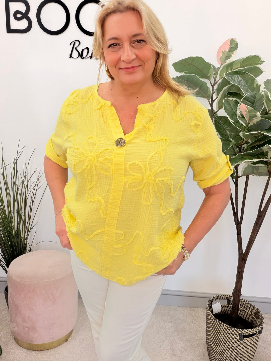 Ladies Fashion Cheesecloth Grandad Top - lemon, white, pink, navy