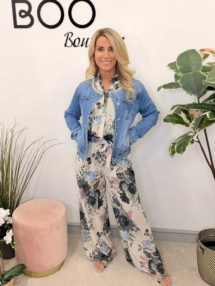 Ladies Fashion Blue Denim Diamante Collar Bomber Jacket