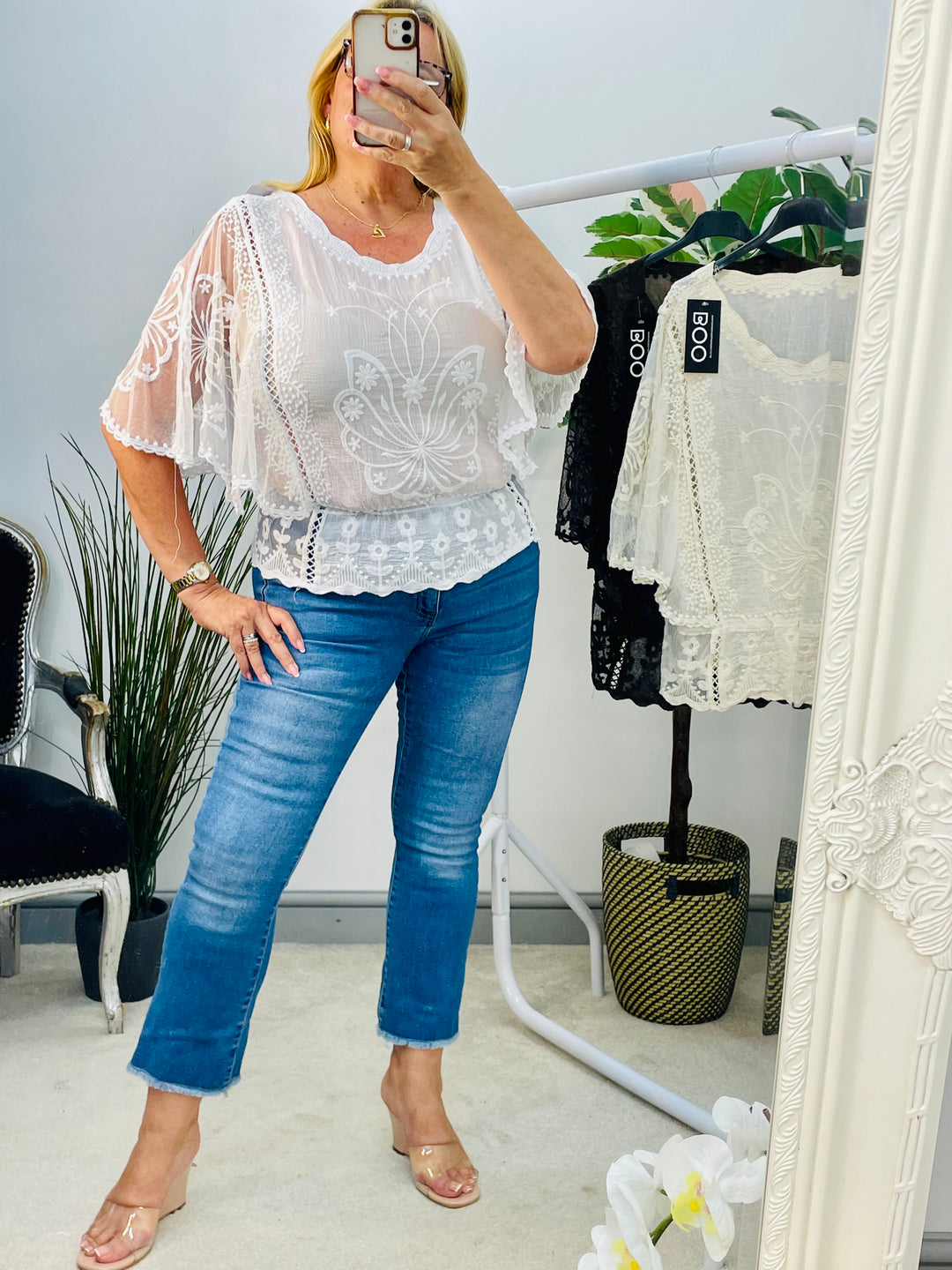 LADIES PRETTY LACY SUMMER BOHO TOP - WHITE, BEIGE & BROWN