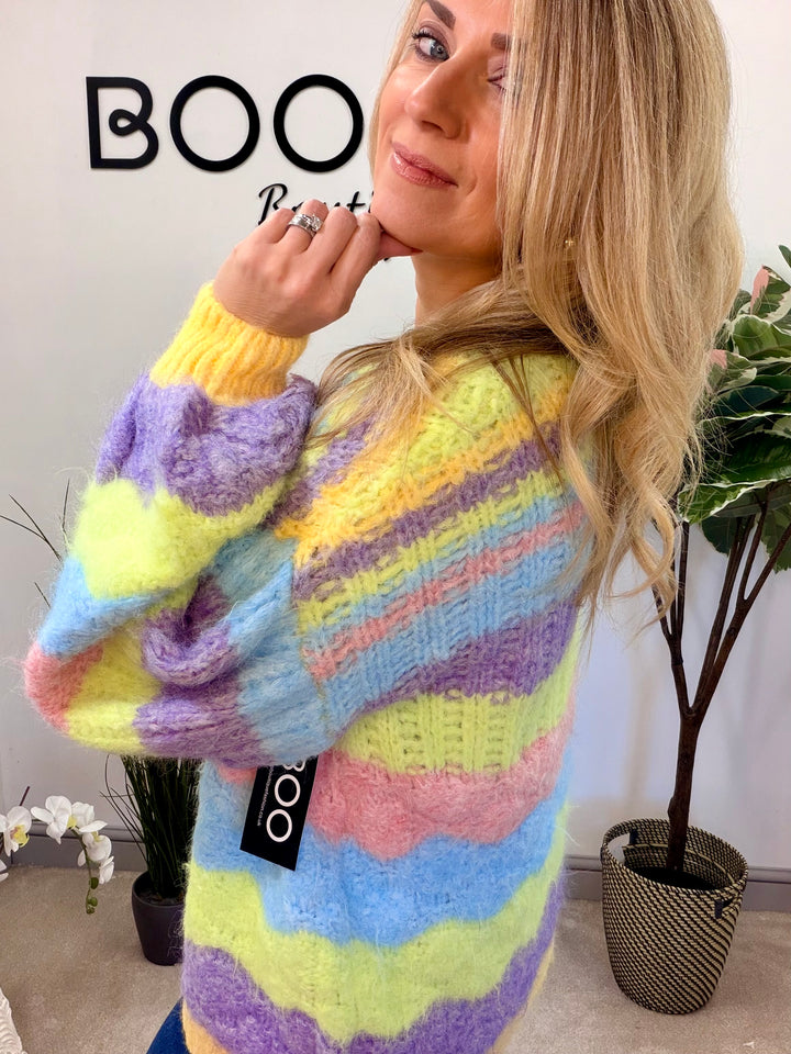 LADIES RAINBOW PASTEL STRIPE CHUNKY KNIT OVERSIZE CARDIGAN